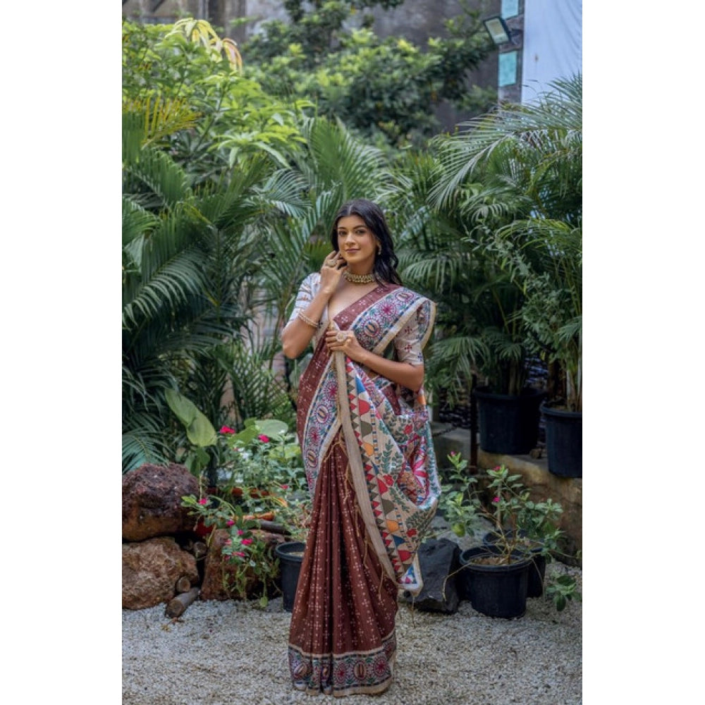 Faux_Tussar Geometric_Print Saree With Unstitched Blouse 5.5Mtr (Coffee)