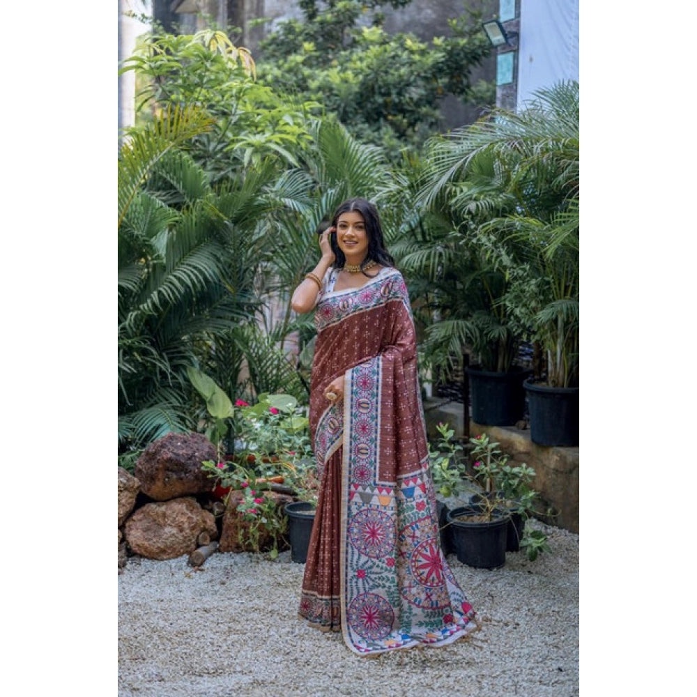 Faux_Tussar Geometric_Print Saree With Unstitched Blouse 5.5Mtr (Coffee)