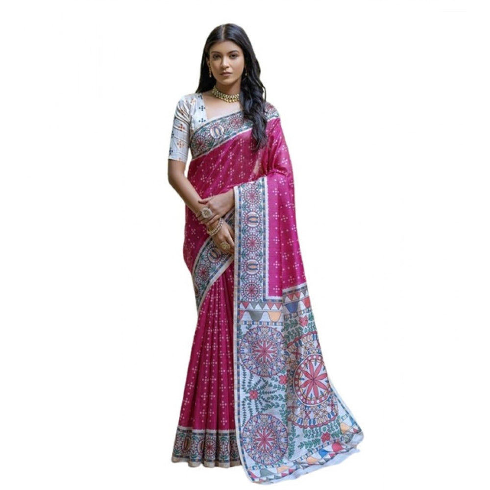 Faux_Tussar Geometric_Print Saree With Unstitched Blouse 5.5Mtr (Pink)