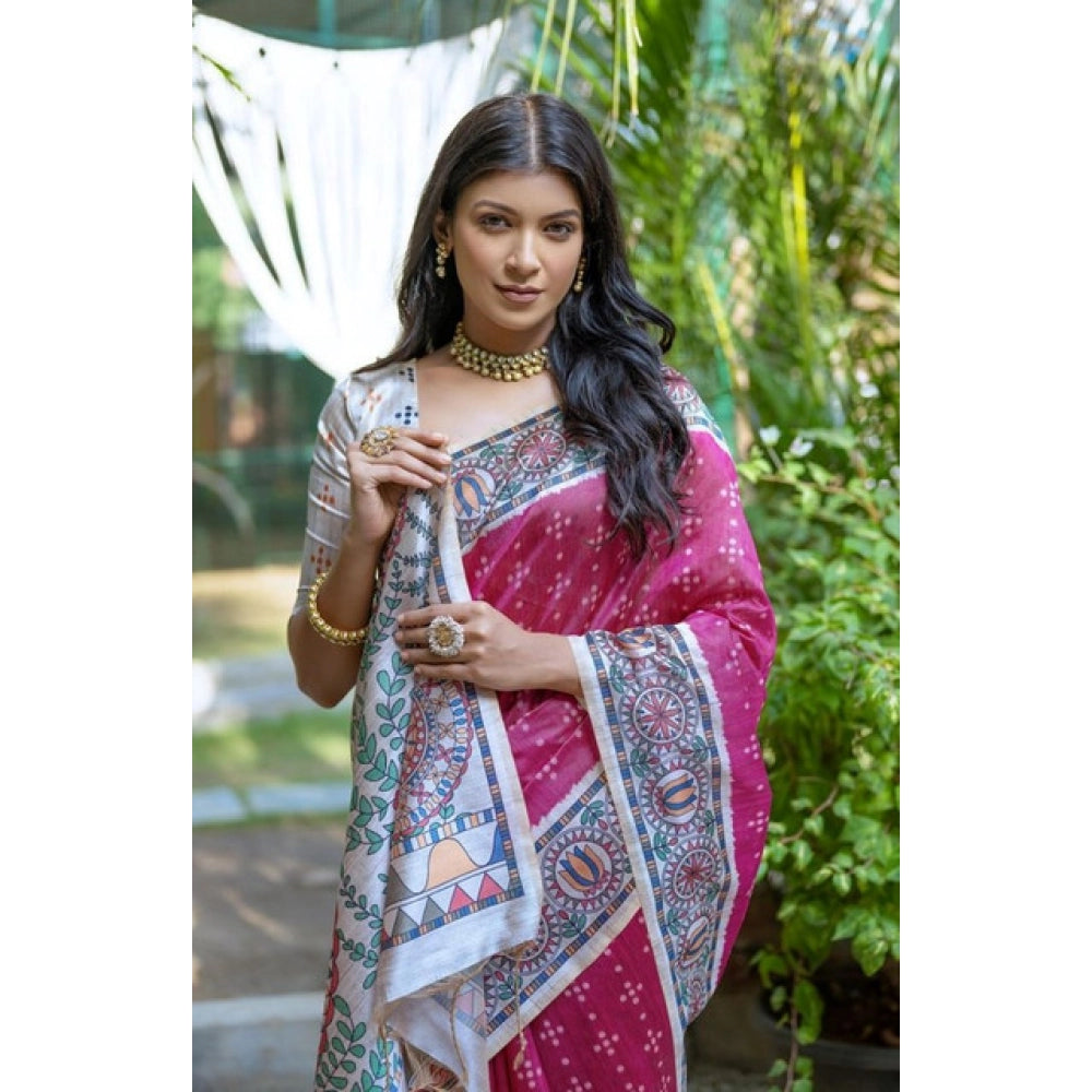 Faux_Tussar Geometric_Print Saree With Unstitched Blouse 5.5Mtr (Pink)