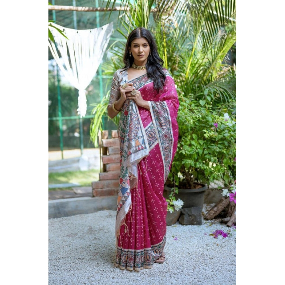 Faux_Tussar Geometric_Print Saree With Unstitched Blouse 5.5Mtr (Pink)