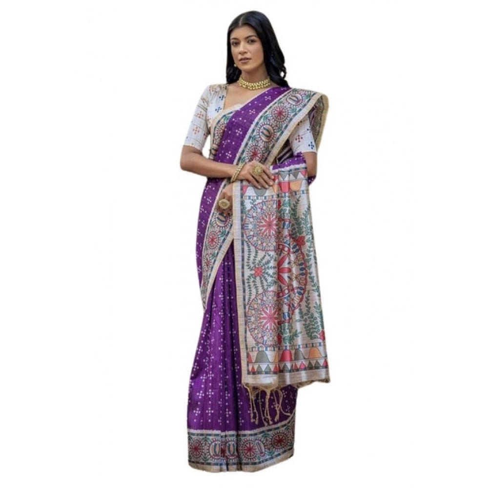 Faux_Tussar Geometric_Print Saree With Unstitched Blouse 5.5Mtr (Purple)
