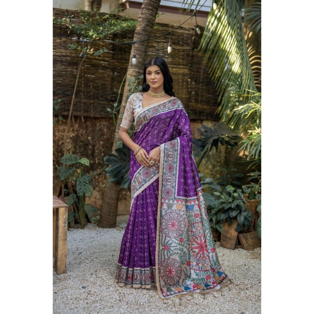 Faux_Tussar Geometric_Print Saree With Unstitched Blouse 5.5Mtr (Purple)