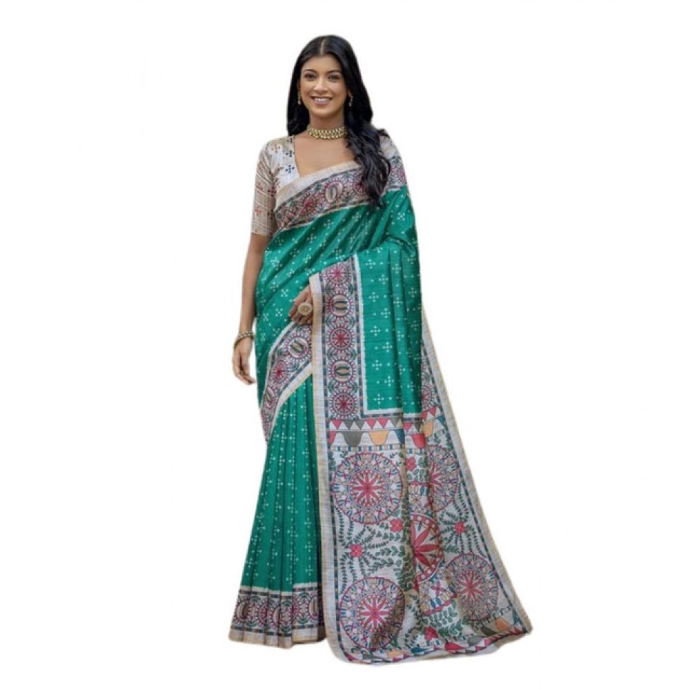 Faux_Tussar Geometric_Print Saree With Unstitched Blouse 5.5Mtr (Rama_Green)