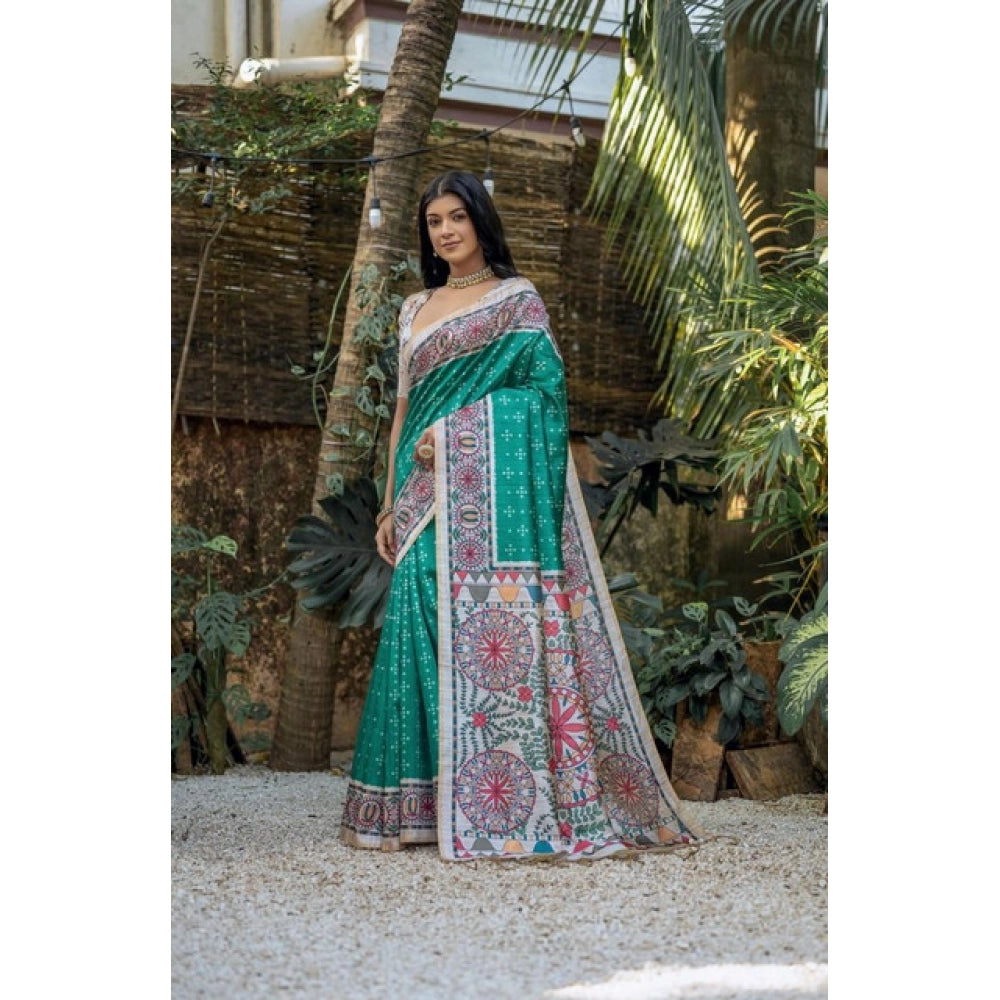 Faux_Tussar Geometric_Print Saree With Unstitched Blouse 5.5Mtr (Rama_Green)