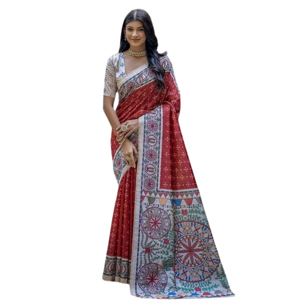 Faux_Tussar Geometric_Print Saree With Unstitched Blouse 5.5Mtr (Red)