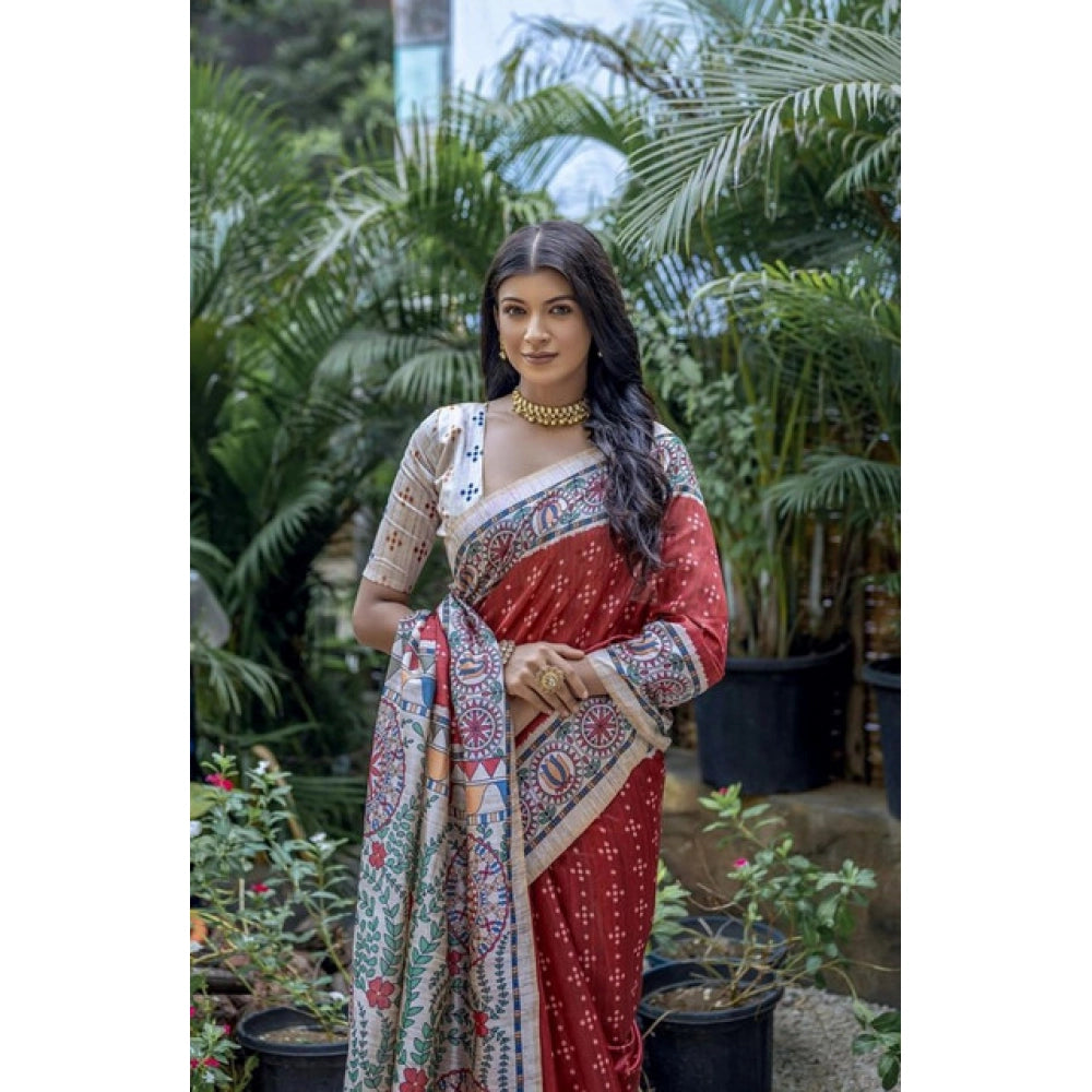 Faux_Tussar Geometric_Print Saree With Unstitched Blouse 5.5Mtr (Red)