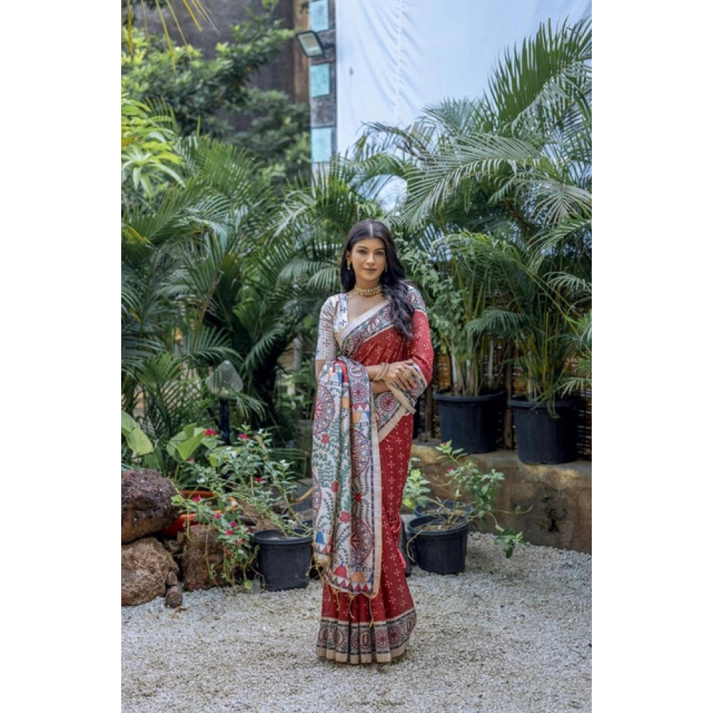 Faux_Tussar Geometric_Print Saree With Unstitched Blouse 5.5Mtr (Red)