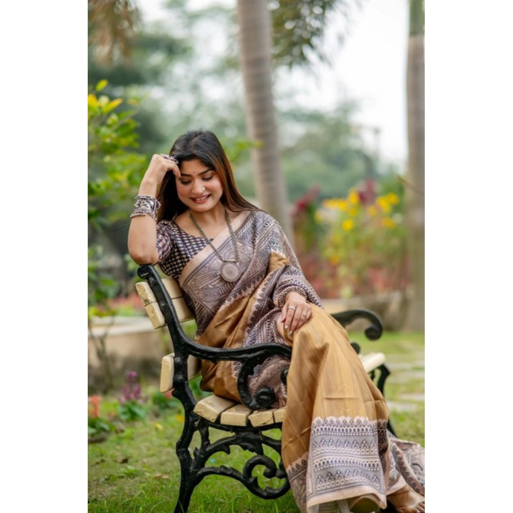 Faux_Tussar Geometric_Print Saree With Unstitched Blouse 5.5Mtr (Mustard)
