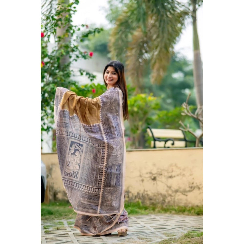 Faux_Tussar Geometric_Print Saree With Unstitched Blouse 5.5Mtr (Mustard)