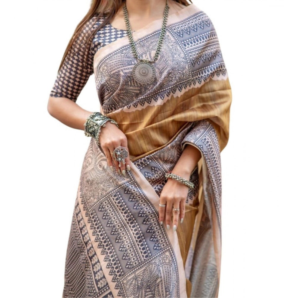 Faux_Tussar Geometric_Print Saree With Unstitched Blouse 5.5Mtr (Mustard)