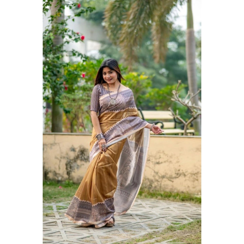 Faux_Tussar Geometric_Print Saree With Unstitched Blouse 5.5Mtr (Mustard)