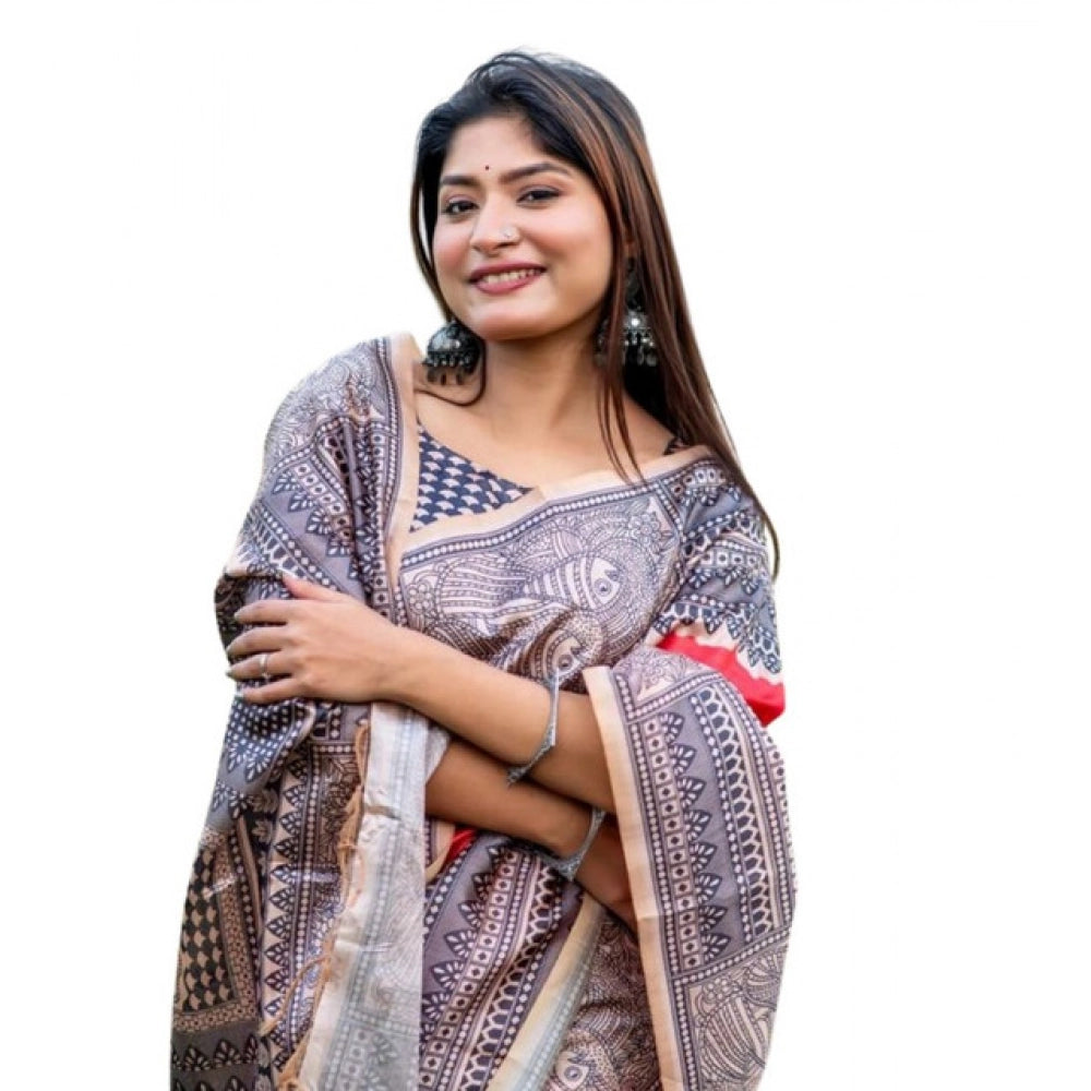 Faux_Tussar Geometric_Print Saree With Unstitched Blouse 5.5Mtr (Orange)
