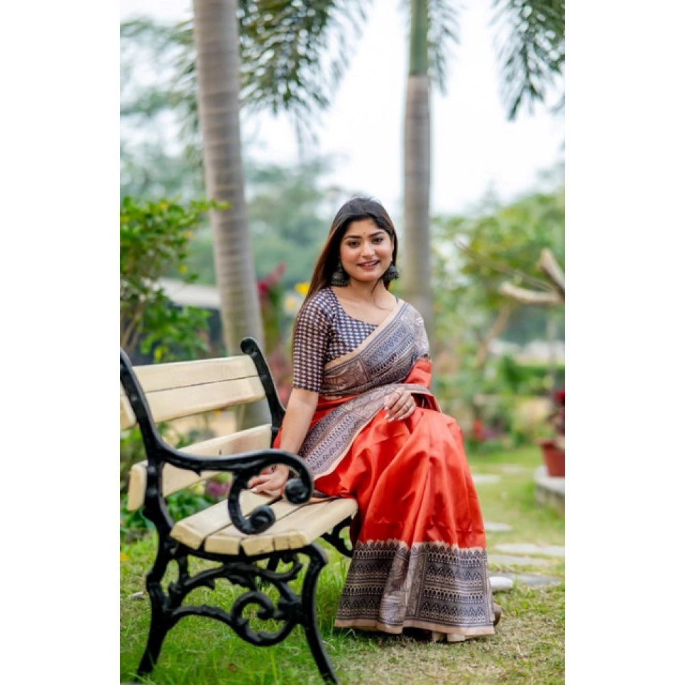 Faux_Tussar Geometric_Print Saree With Unstitched Blouse 5.5Mtr (Orange)