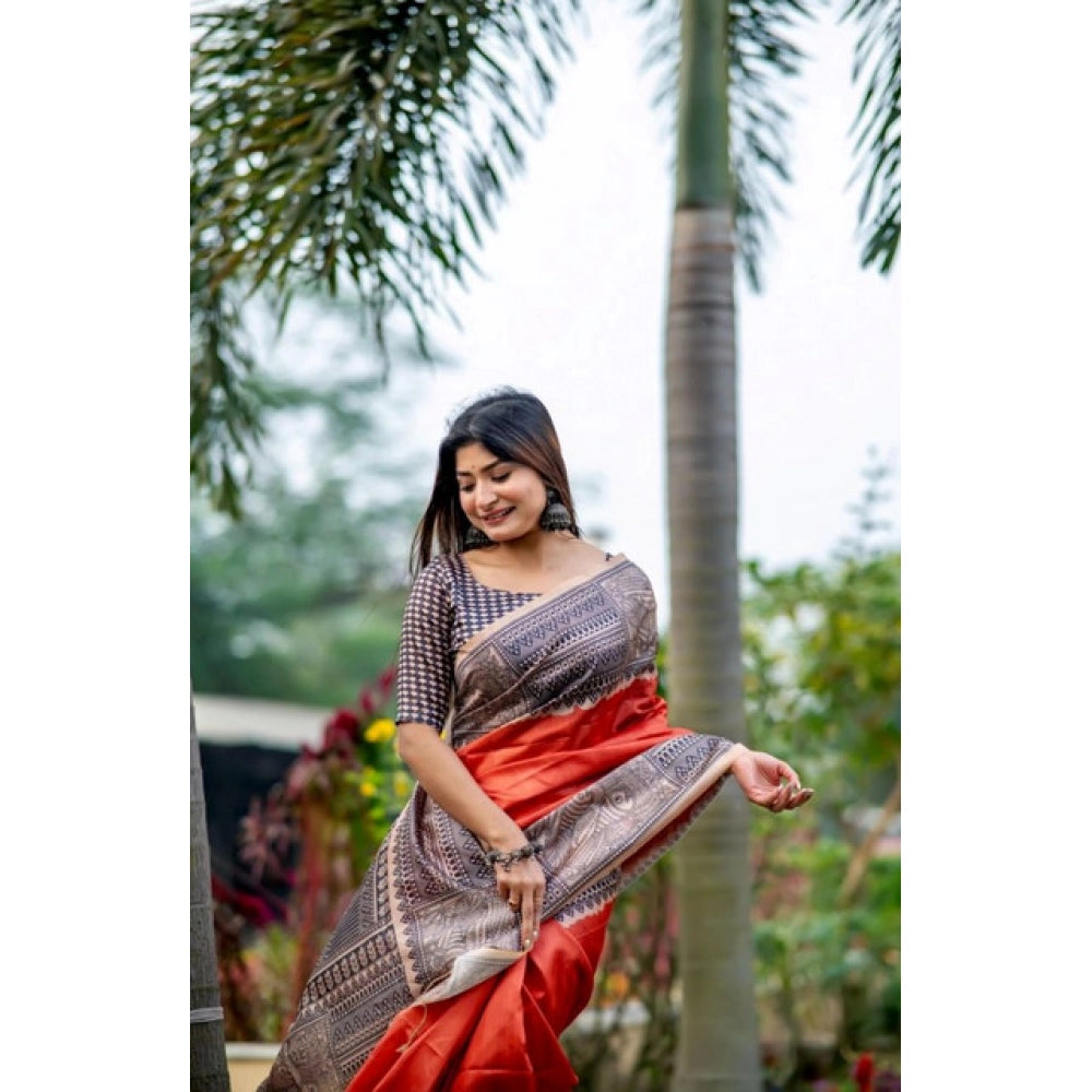 Faux_Tussar Geometric_Print Saree With Unstitched Blouse 5.5Mtr (Orange)