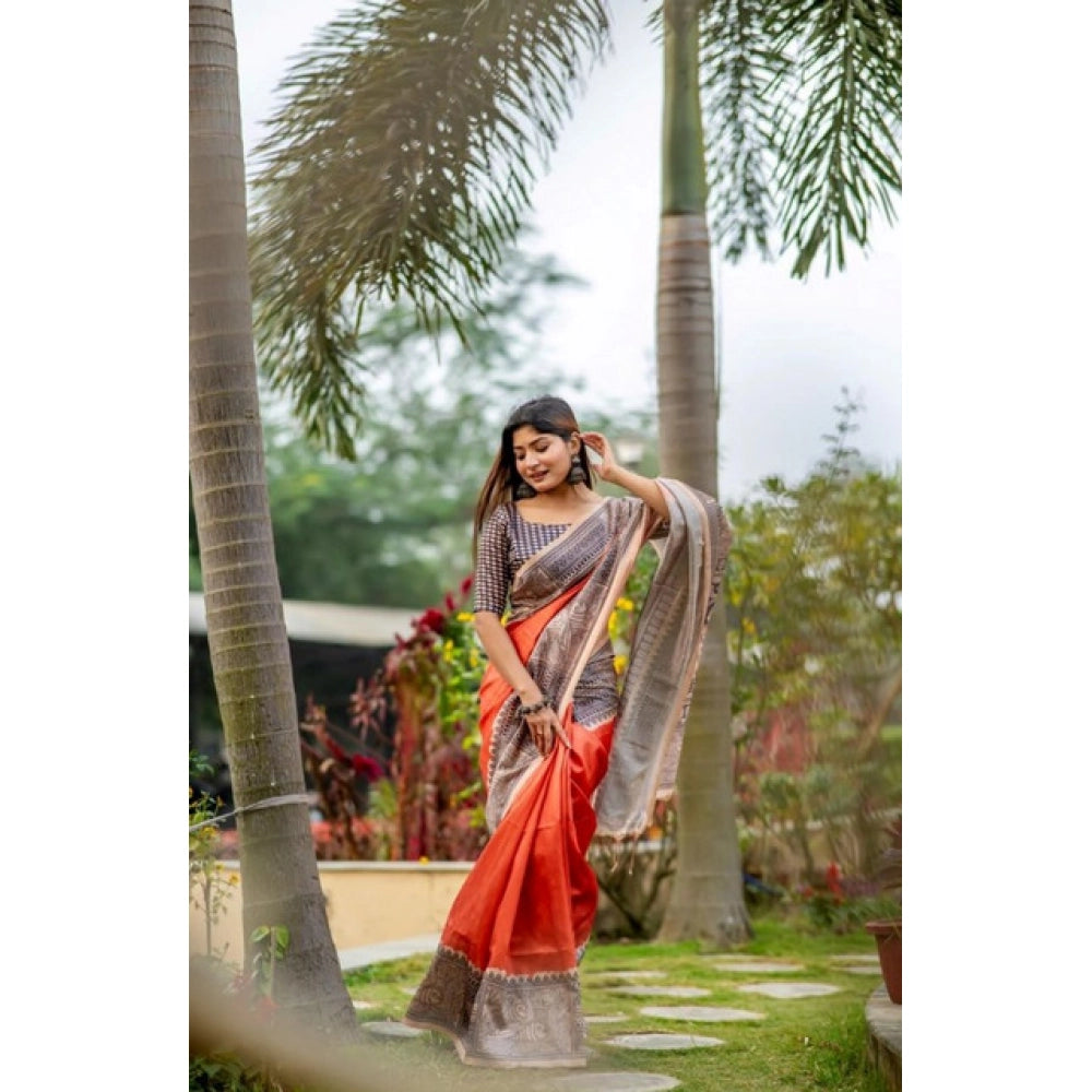Faux_Tussar Geometric_Print Saree With Unstitched Blouse 5.5Mtr (Orange)