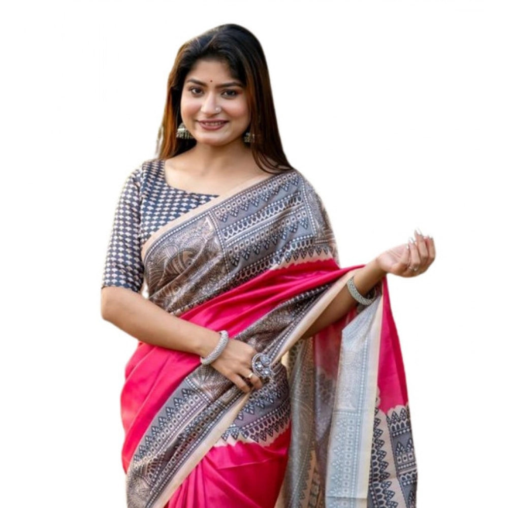 Faux_Tussar Geometric_Print Saree With Unstitched Blouse 5.5Mtr (Pink)