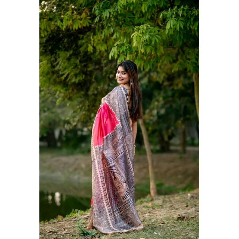 Faux_Tussar Geometric_Print Saree With Unstitched Blouse 5.5Mtr (Pink)
