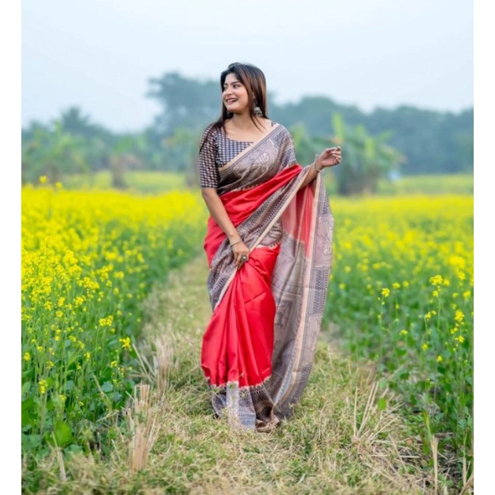 Faux_Tussar Geometric_Print Saree With Unstitched Blouse 5.5Mtr (Pink)