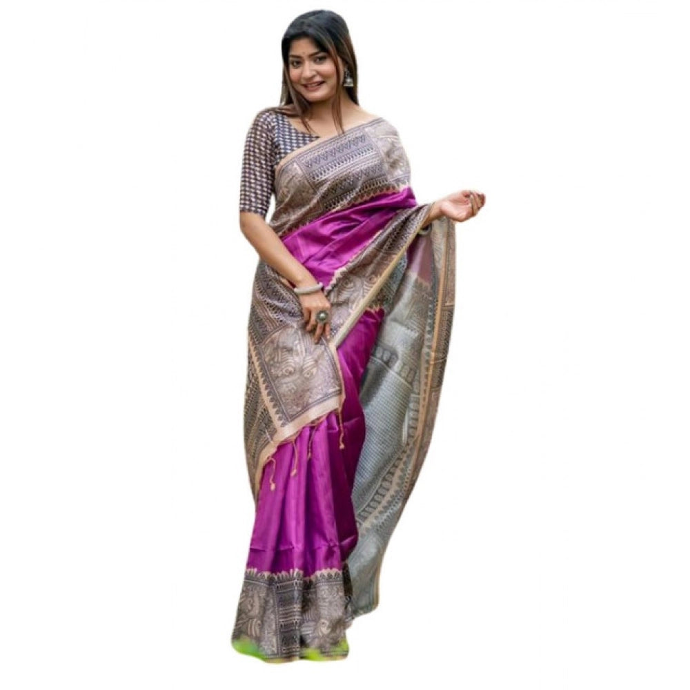 Faux_Tussar Geometric_Print Saree With Unstitched Blouse 5.5Mtr (Purple)