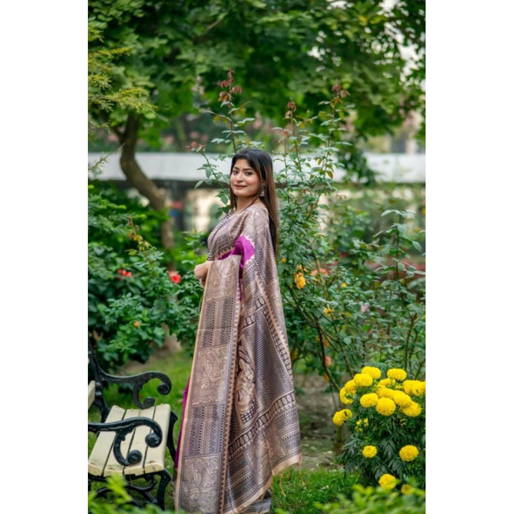 Faux_Tussar Geometric_Print Saree With Unstitched Blouse 5.5Mtr (Purple)