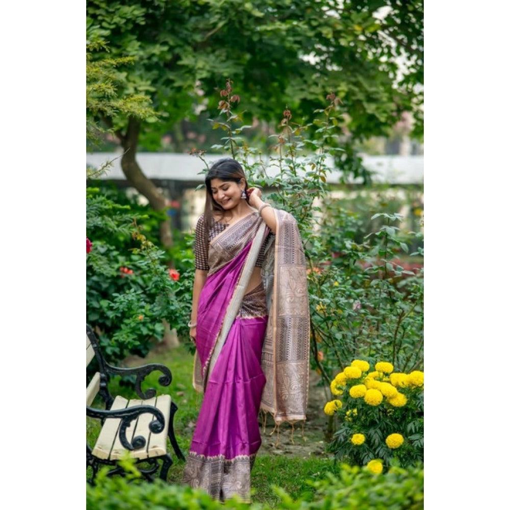 Faux_Tussar Geometric_Print Saree With Unstitched Blouse 5.5Mtr (Purple)