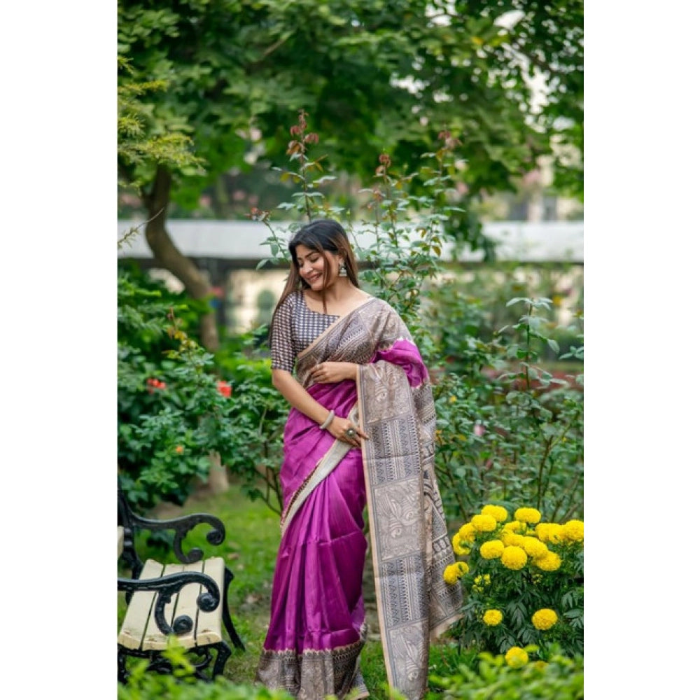 Faux_Tussar Geometric_Print Saree With Unstitched Blouse 5.5Mtr (Purple)