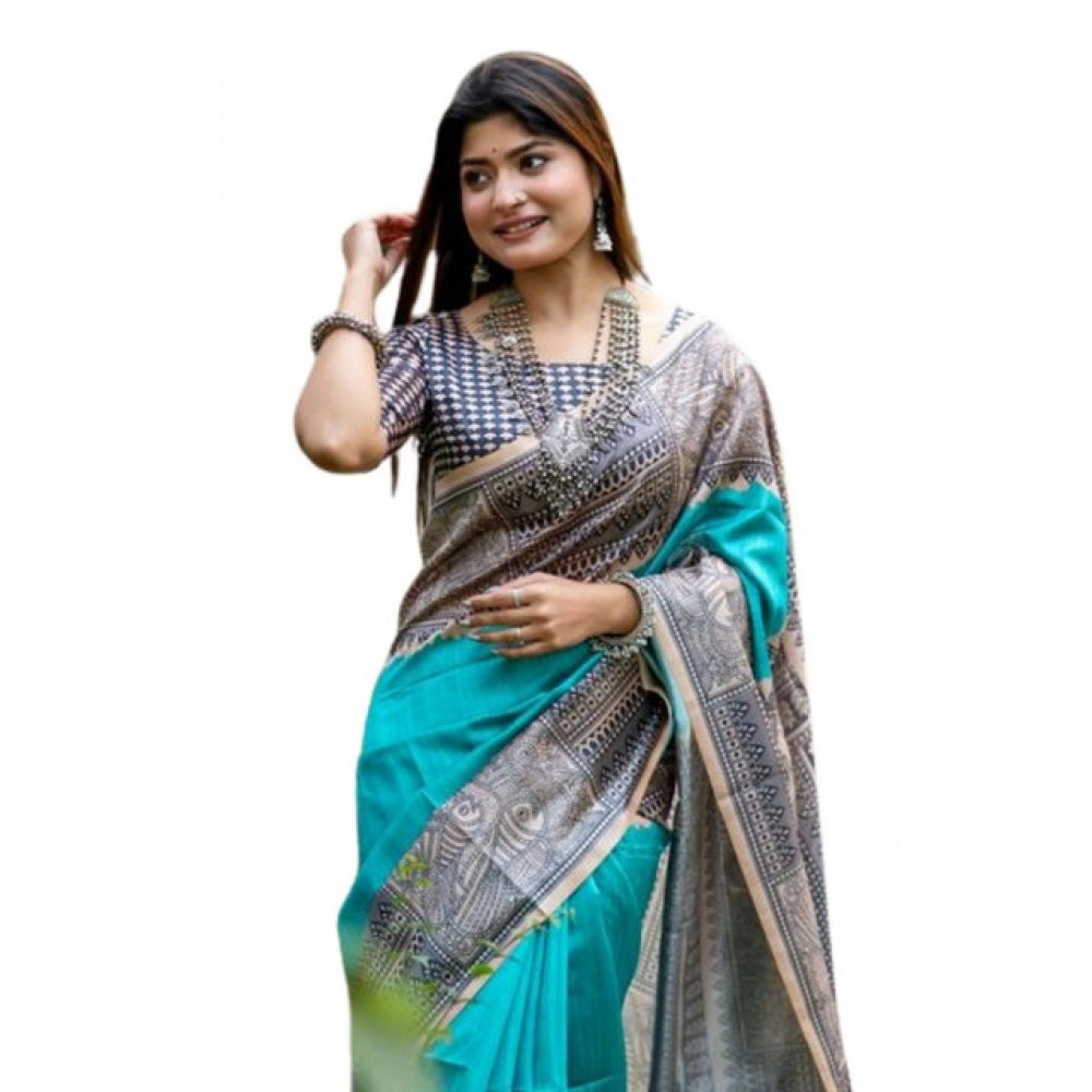 Faux_Tussar Geometric_Print Saree With Unstitched Blouse 5.5Mtr (Rama_Green)