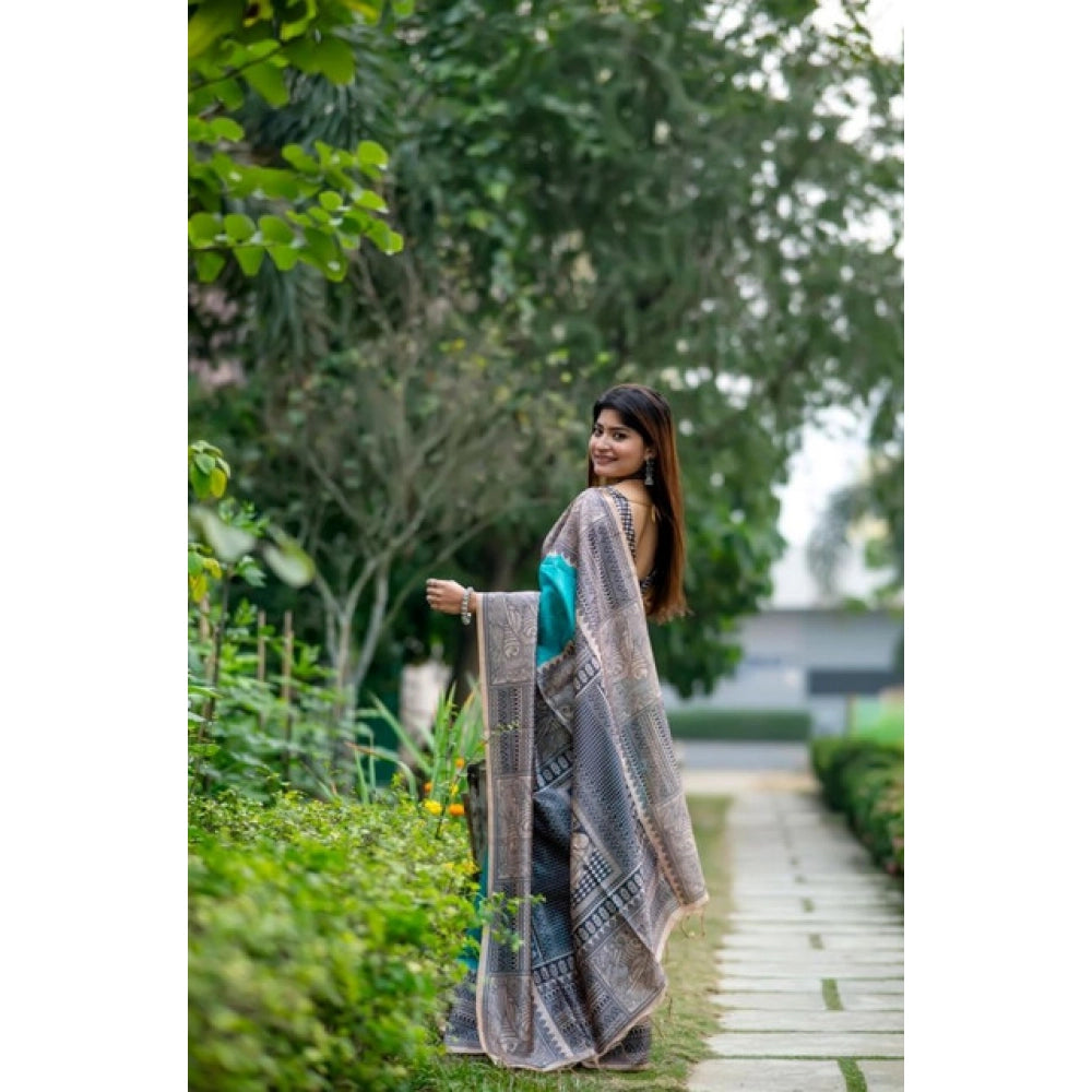Faux_Tussar Geometric_Print Saree With Unstitched Blouse 5.5Mtr (Rama_Green)