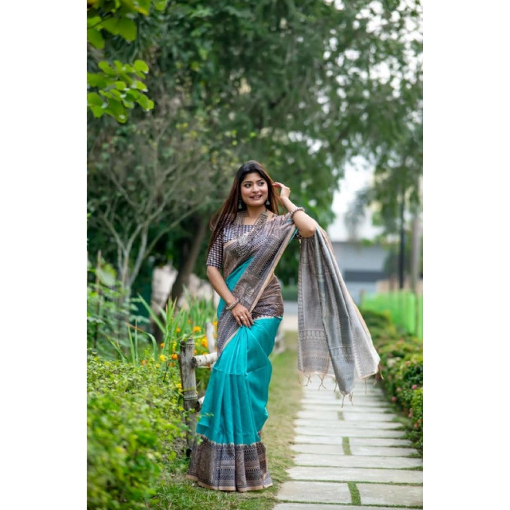 Faux_Tussar Geometric_Print Saree With Unstitched Blouse 5.5Mtr (Rama_Green)