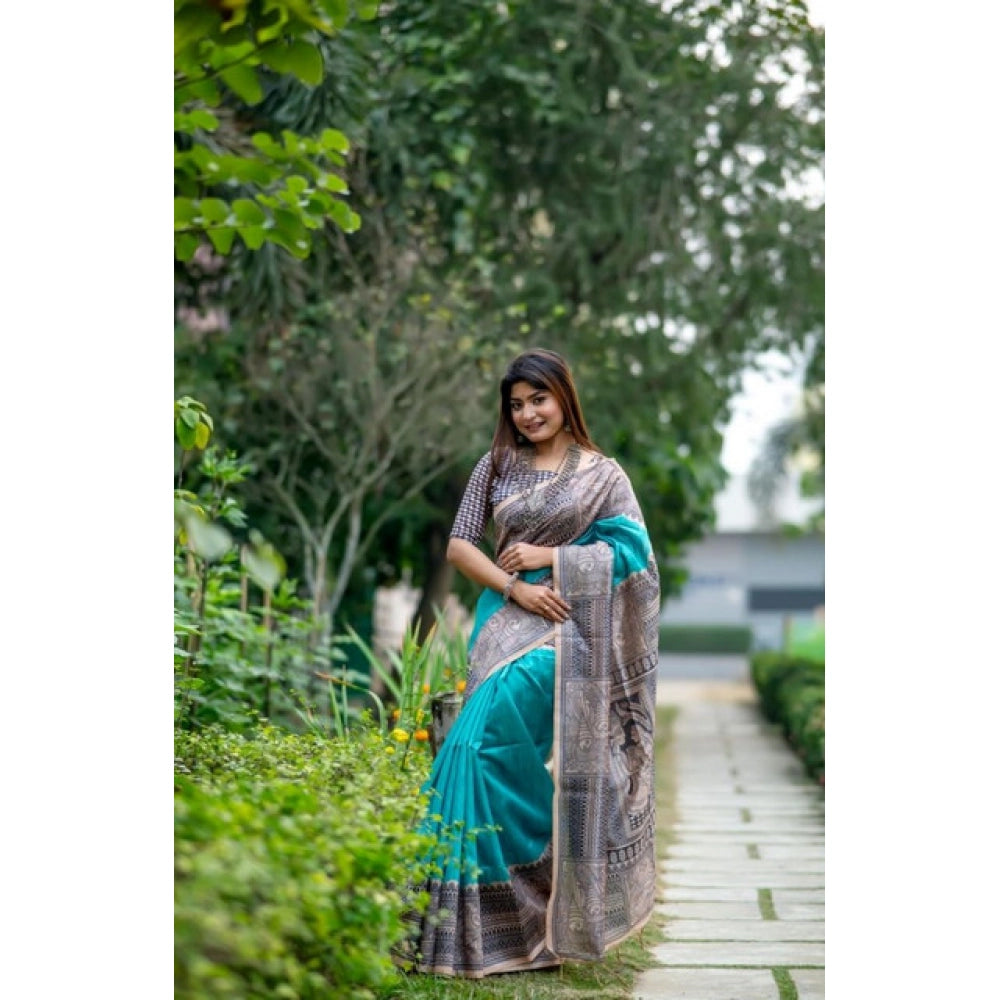 Faux_Tussar Geometric_Print Saree With Unstitched Blouse 5.5Mtr (Rama_Green)