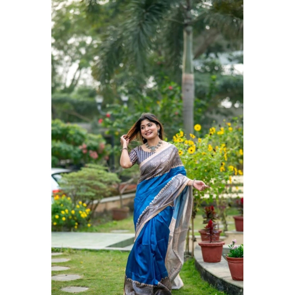 Faux_Tussar Geometric_Print Saree With Unstitched Blouse 5.5Mtr (Royal_Blue)
