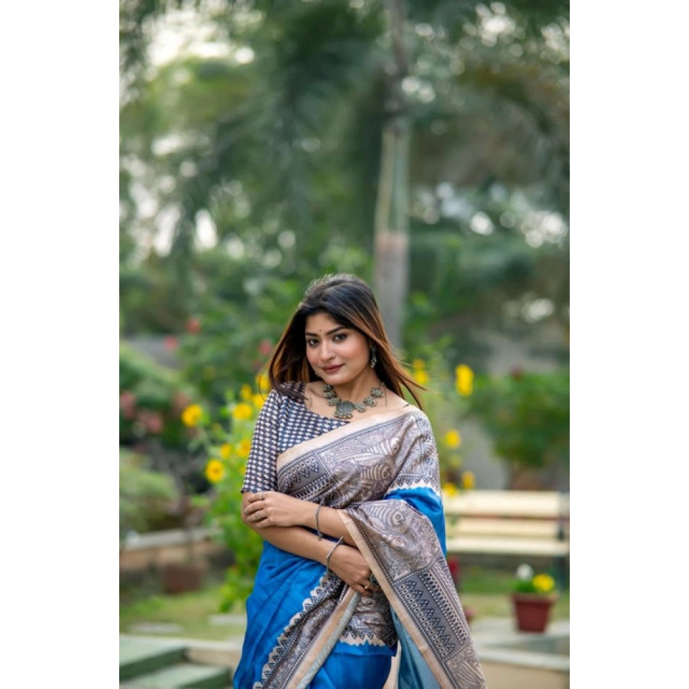 Faux_Tussar Geometric_Print Saree With Unstitched Blouse 5.5Mtr (Royal_Blue)