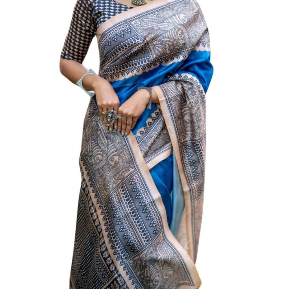 Faux_Tussar Geometric_Print Saree With Unstitched Blouse 5.5Mtr (Royal_Blue)