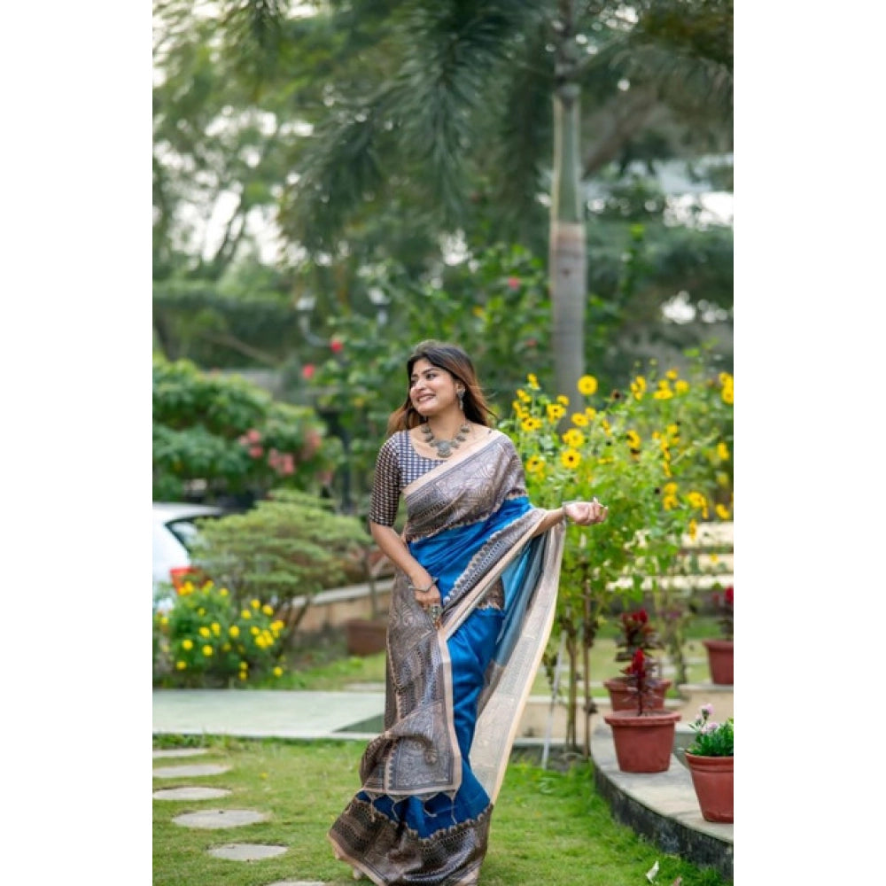 Faux_Tussar Geometric_Print Saree With Unstitched Blouse 5.5Mtr (Royal_Blue)