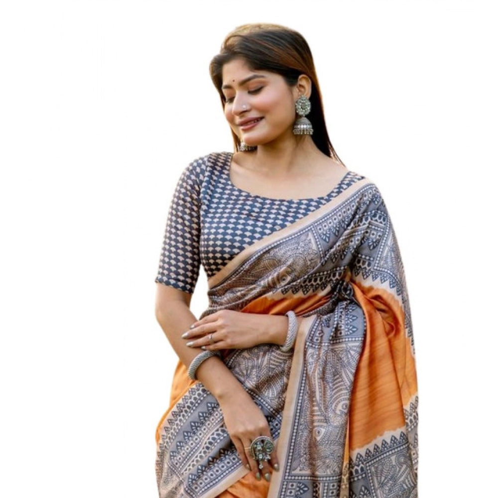 Faux_Tussar Geometric_Print Saree With Unstitched Blouse 5.5Mtr (Rust)
