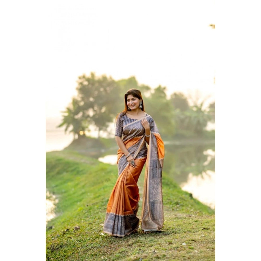 Faux_Tussar Geometric_Print Saree With Unstitched Blouse 5.5Mtr (Rust)