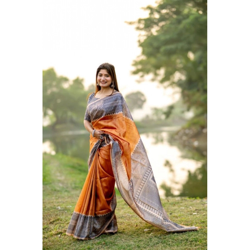 Faux_Tussar Geometric_Print Saree With Unstitched Blouse 5.5Mtr (Rust)
