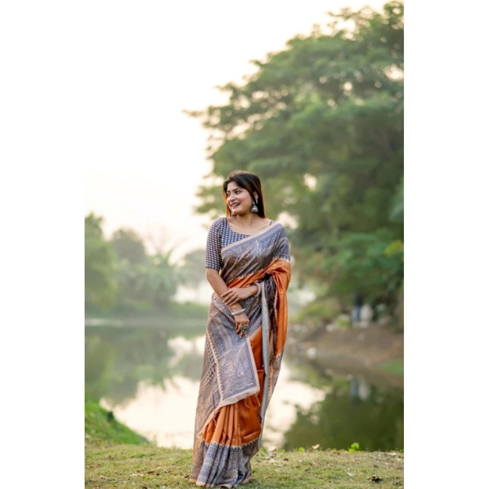 Faux_Tussar Geometric_Print Saree With Unstitched Blouse 5.5Mtr (Rust)