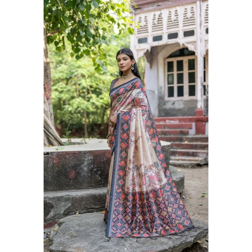 Faux_Tussar Floral Jal With Patola Print Saree With Unstitched Blouse 5.5Mtr (Black)