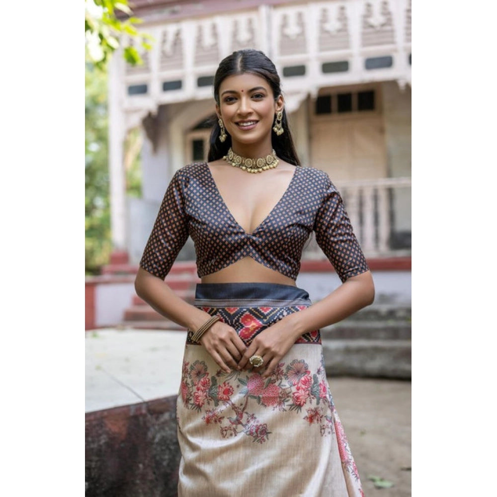 Faux_Tussar Floral Jal With Patola Print Saree With Unstitched Blouse 5.5Mtr (Black)