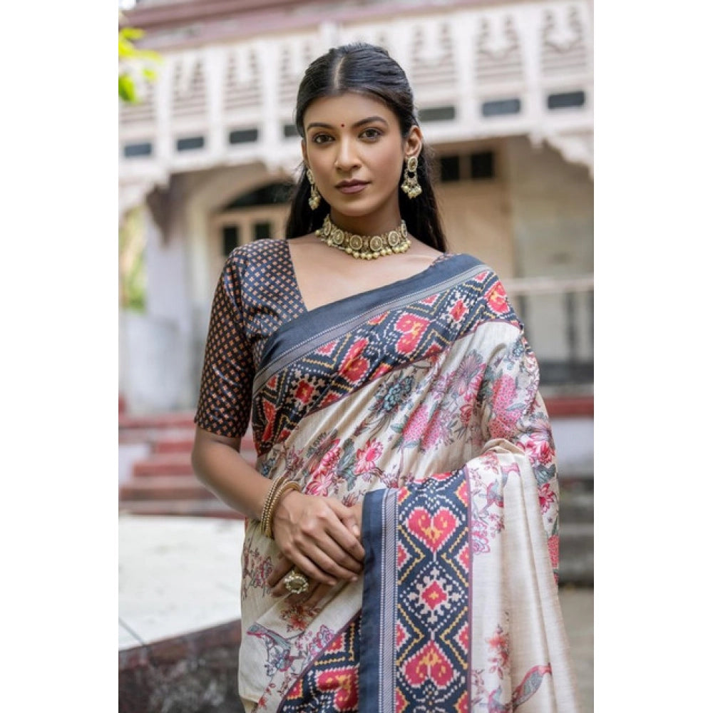 Faux_Tussar Floral Jal With Patola Print Saree With Unstitched Blouse 5.5Mtr (Black)