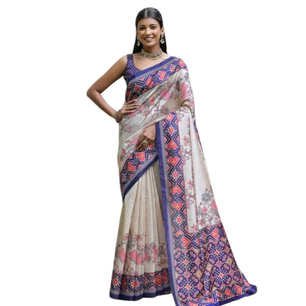 Faux_Tussar Floral Jal With Patola Print Saree With Unstitched Blouse 5.5Mtr (Blue)