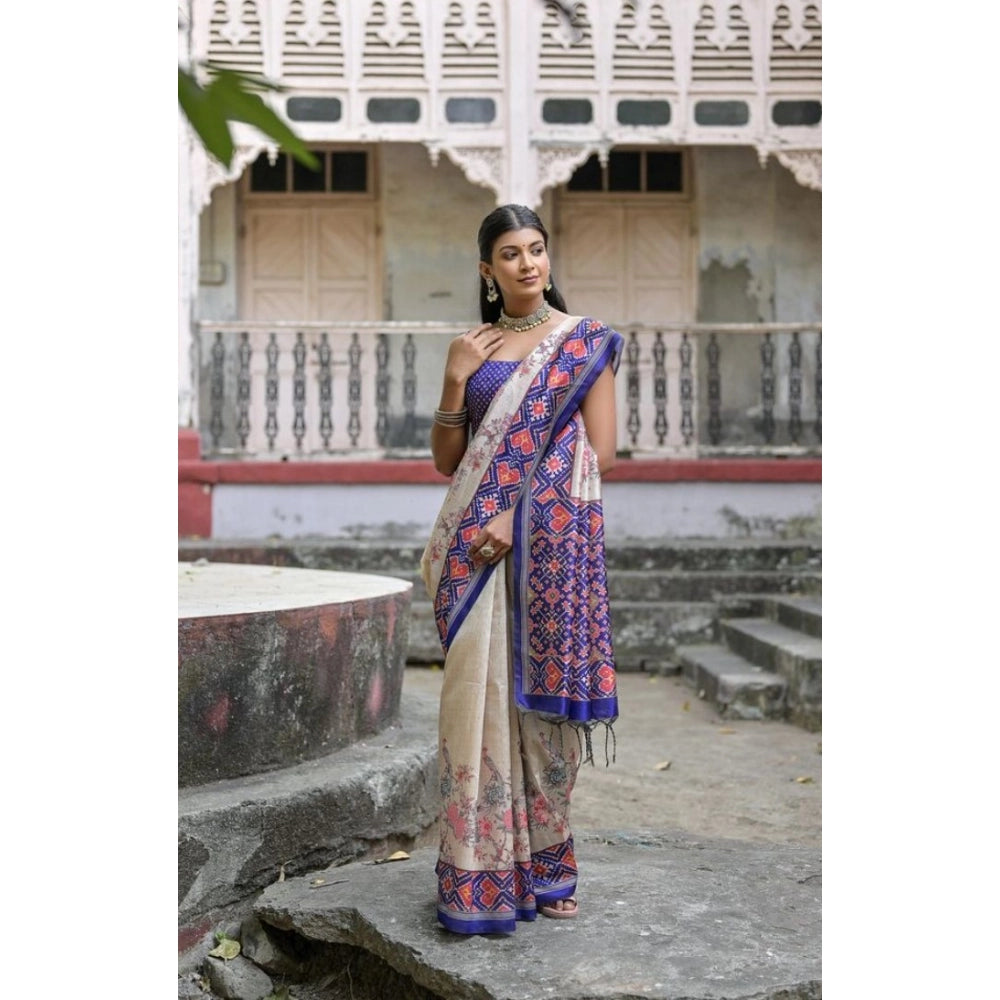 Faux_Tussar Floral Jal With Patola Print Saree With Unstitched Blouse 5.5Mtr (Blue)