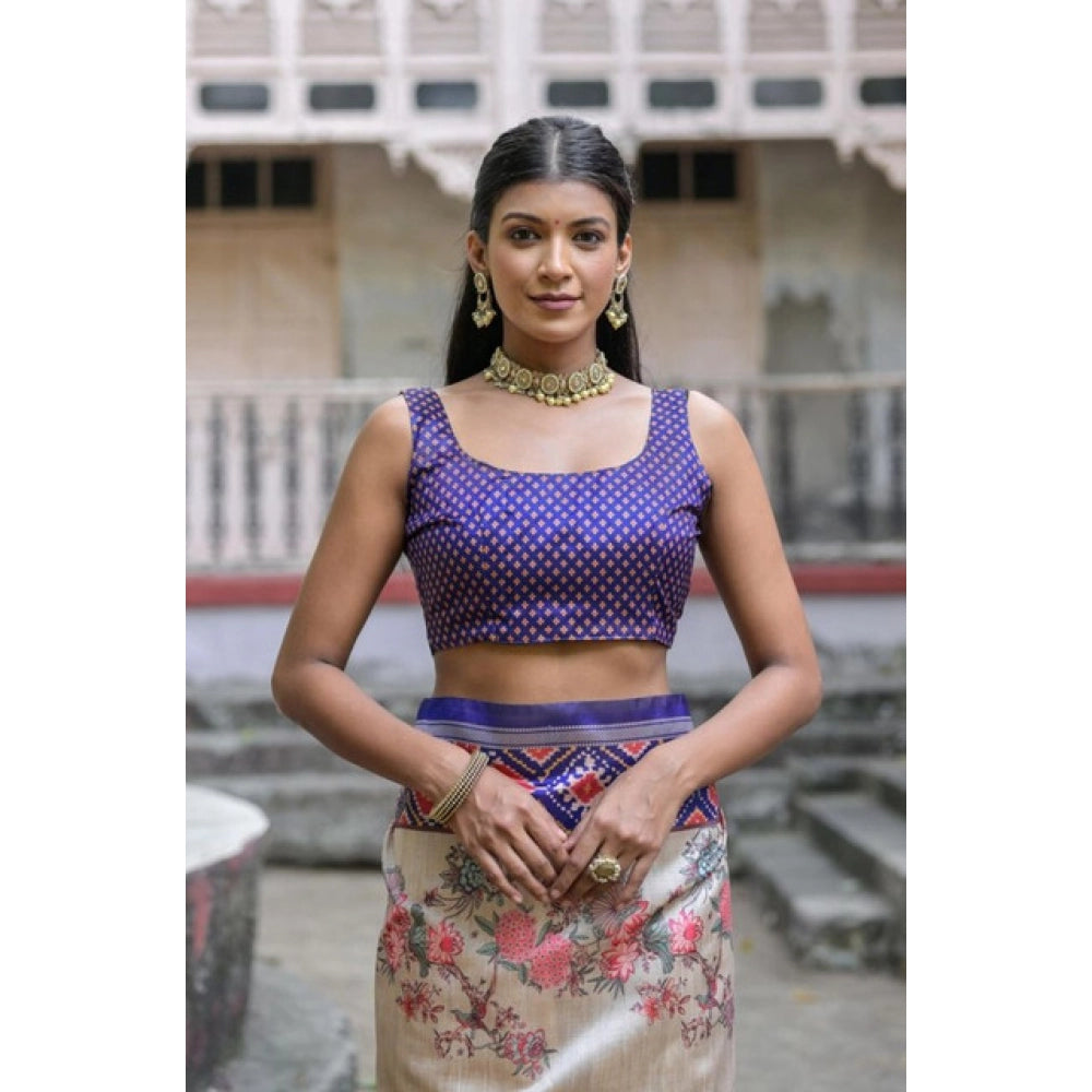 Faux_Tussar Floral Jal With Patola Print Saree With Unstitched Blouse 5.5Mtr (Blue)