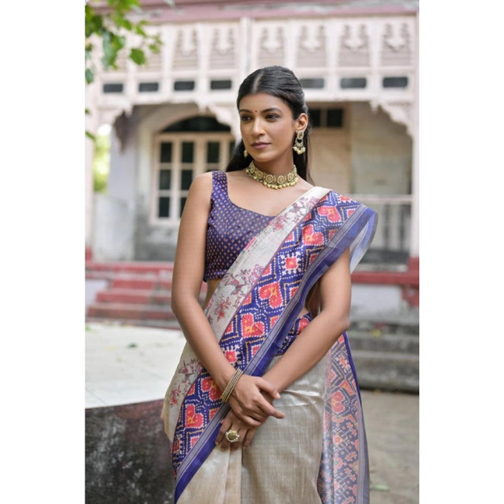 Faux_Tussar Floral Jal With Patola Print Saree With Unstitched Blouse 5.5Mtr (Blue)