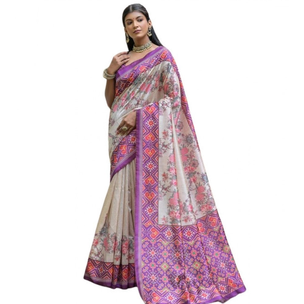 Faux_Tussar Floral Jal With Patola Print Saree With Unstitched Blouse 5.5Mtr (Lavender)