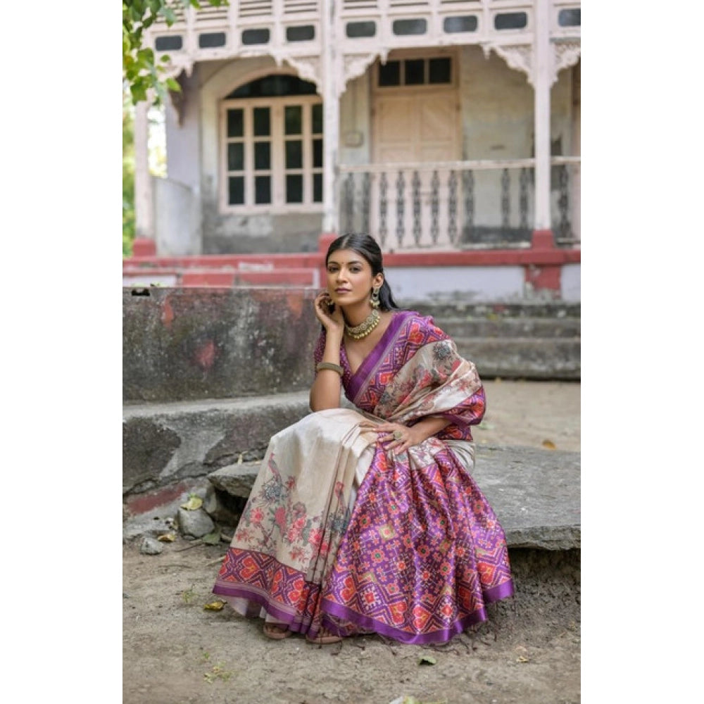 Faux_Tussar Floral Jal With Patola Print Saree With Unstitched Blouse 5.5Mtr (Lavender)