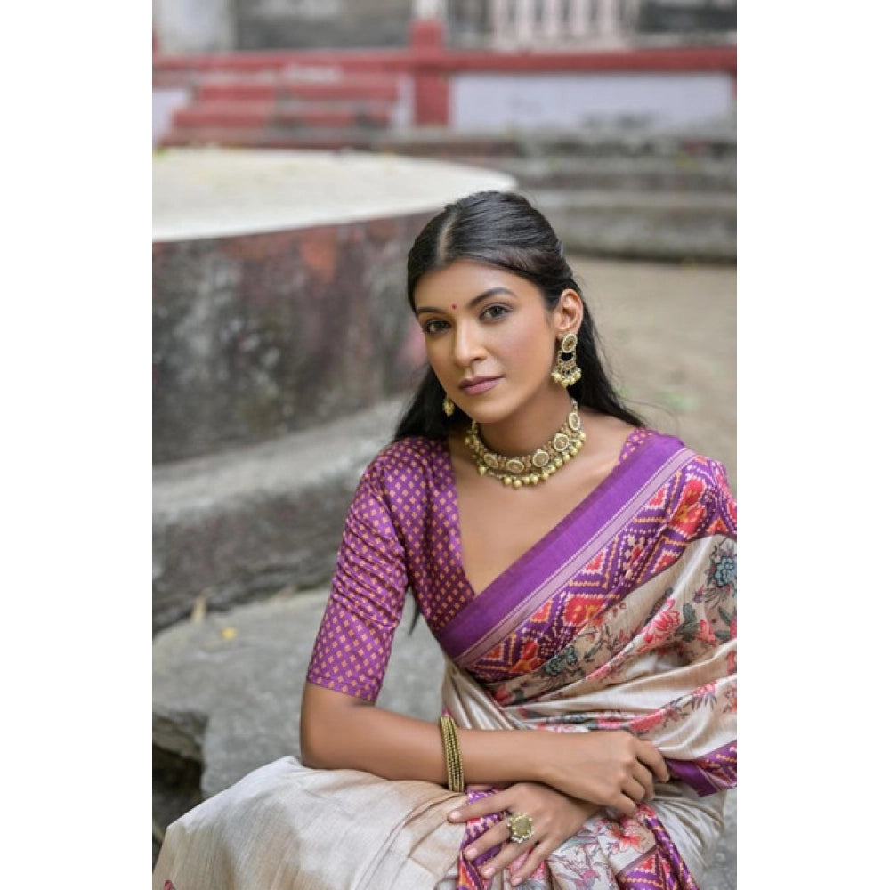 Faux_Tussar Floral Jal With Patola Print Saree With Unstitched Blouse 5.5Mtr (Lavender)
