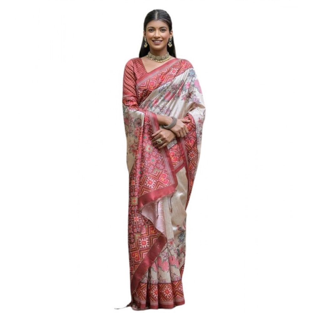 Faux_Tussar Floral Jal With Patola Print Saree With Unstitched Blouse 5.5Mtr (Maroon)